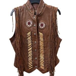 VTG  80’s Leather Fringe Beaded Bone Vest  Biker Boho Festival USA Made Size 10